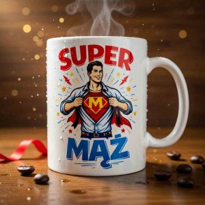 kubek z nadrukiem, postać supermenn napis super mąż