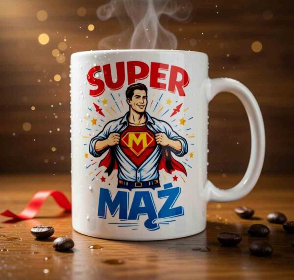 kubek z nadrukiem, postać supermenn napis super mąż