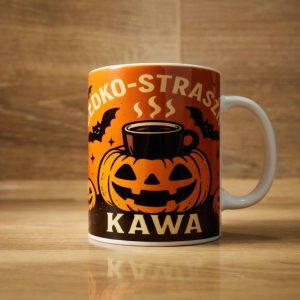 kubek halloween, pomaranczowa dynia, słodko straszna kawa
