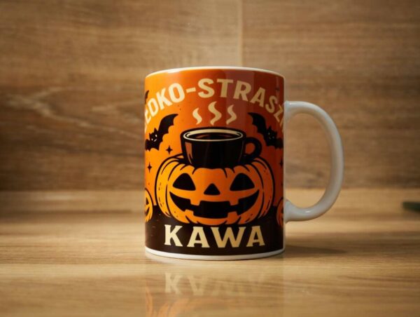 kubek halloween, pomaranczowa dynia, słodko straszna kawa
