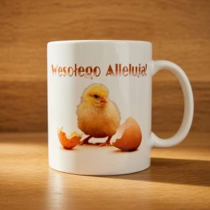 kubek wielkanocny, kurczaczek z napisem wesołego alleluja