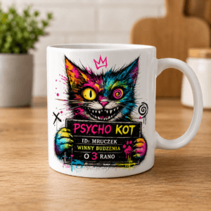 biały kubek z kolorowym kotem psycho kot