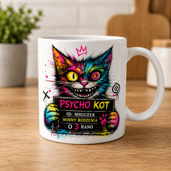 biały kubek z kolorowym kotem psycho kot