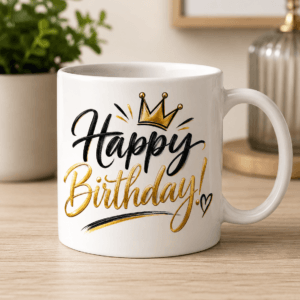 kubek z czarno złotym napisem happy birthday