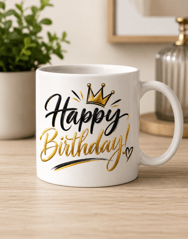kubek z czarno złotym napisem happy birthday