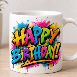kubek z kolorowym napisem happy birthday
