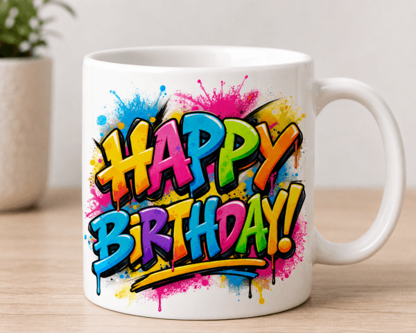 kubek z kolorowym napisem happy birthday