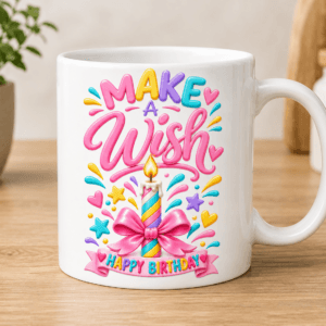 kubek urodzinowu różowy make a wish swieczka z kokardką