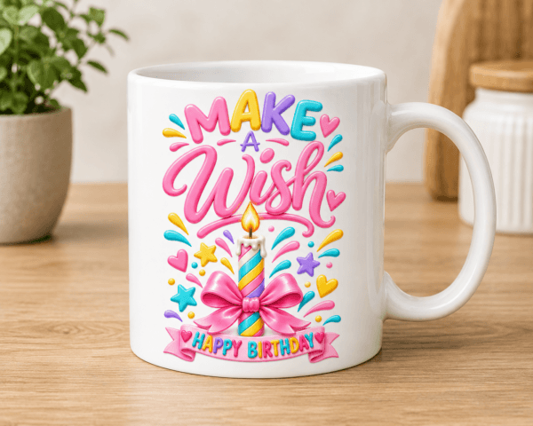kubek urodzinowu różowy make a wish swieczka z kokardką
