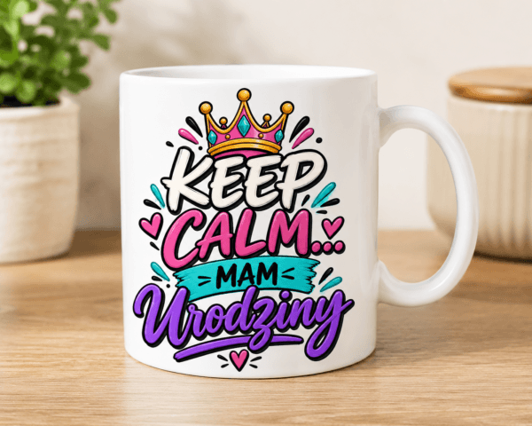 kubek z kolorowym napisem keep calm mam urodziny