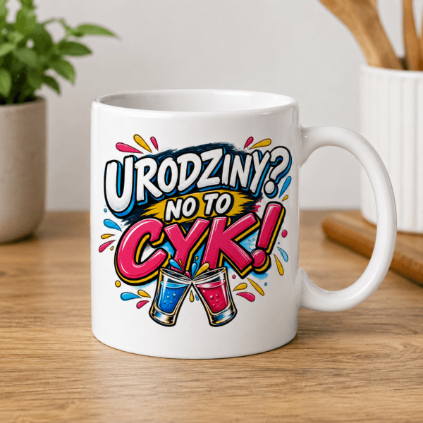 kubek urodzinowy z grafiką dwóch sukających sioe kieliszków i napis Urodziny? no to cyk