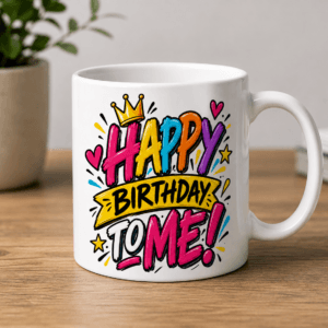 kubek z nadrukiem kolorowy napis happy birthday to me