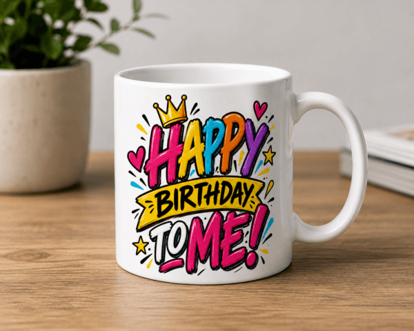 kubek z nadrukiem kolorowy napis happy birthday to me