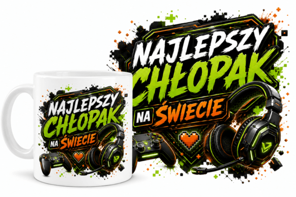 kubek z grafiką gamingową z napisem najlepszy chłopak na świecie