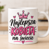 kubek z różowo czarnym napisem najlepsza kobieta na świecie