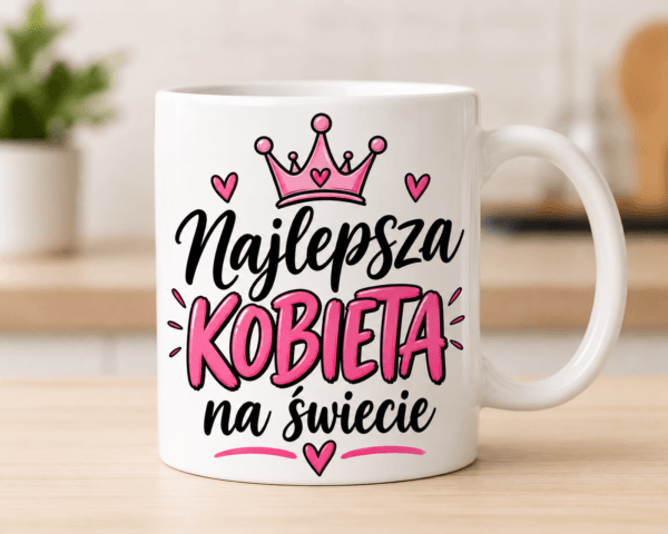 kubek z różowo czarnym napisem najlepsza kobieta na świecie