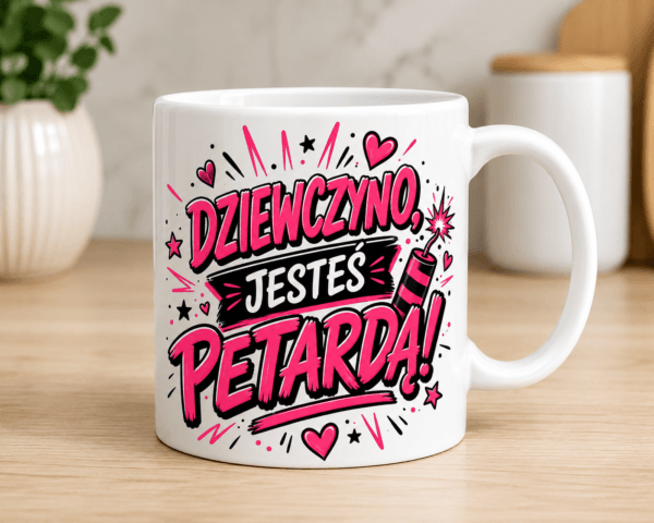 kubek z rożowym napisem dziewczyno jesteś petardą