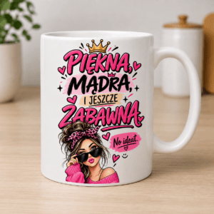 kubek z napisem piekna, mądra i jeszcze zabawna