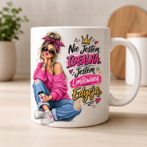 kubek z grafika młodej kobiety z napisem nie jestem idealna jestem edycją limitowaną