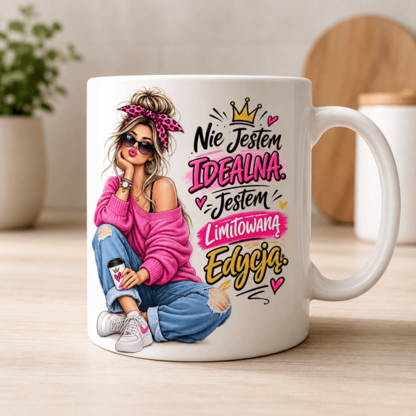 kubek z grafika młodej kobiety z napisem nie jestem idealna jestem edycją limitowaną