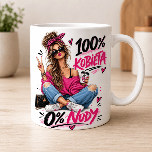 kubek z grafiką młodej dziewczyny z napisem 100% kobieta 0% nudy