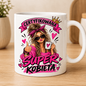 kubek z wizerunkiem ładnej dziewczyny z napisem certyfikowana super kobieta