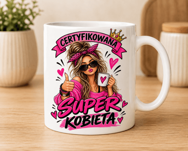 kubek z wizerunkiem ładnej dziewczyny z napisem certyfikowana super kobieta