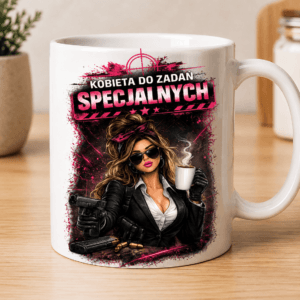 kubek z kobietą z napisem kobieta od zadań specjalnych