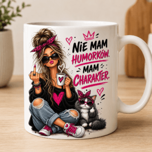 kubek z postacią dziewczyny z napisem nie mam humorków mam chatakter