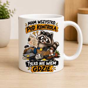 kubek z zabawnym szopem z napisem Mam wszystko pod kontrolą tylko nie wiem gdzie