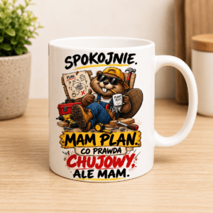 ChatGPT Image 26 sie 2026, 15_23_18 kubek z bpbrem z napisem spokojnie mam plan, co prawda chujowy ale mam