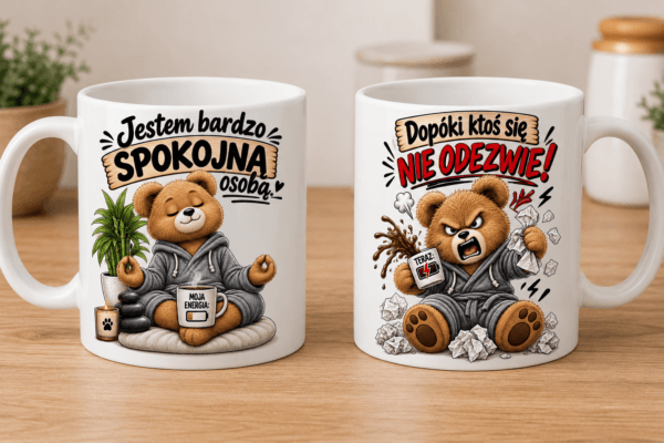 kubek z misiem po jesnej stronie kubka napis jestem bardzo spokojną osobą a z drugiej strony kubka napis dopóki ktoś się nie odezwie