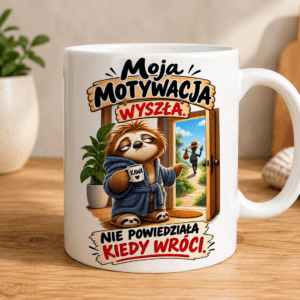 kubek z leniwcem z napisem moja motywacja wyszła nie powiedziała kiedy wróci