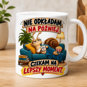 kubek z grafiką ślimaka na kanapie z napisem Nie odkładam na później. Czekam na lepszy moment
