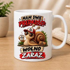 kubek z grafiką ślimaka z napisem mam dwie prędkości wolno i zaraz