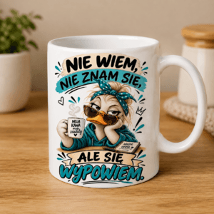 kubek z grafiką kaczki z napisem Nie wiem, nie znam się, ale się wypowiem