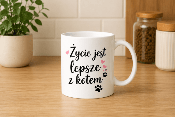 ChatGPT Image 5 sie 2026, 12_55_18 kubek biały z napisem Życie jest lepsze z kotem