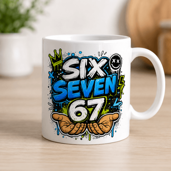 biały kubek z nadrukiem w stylu graffiti street art napis sex seven