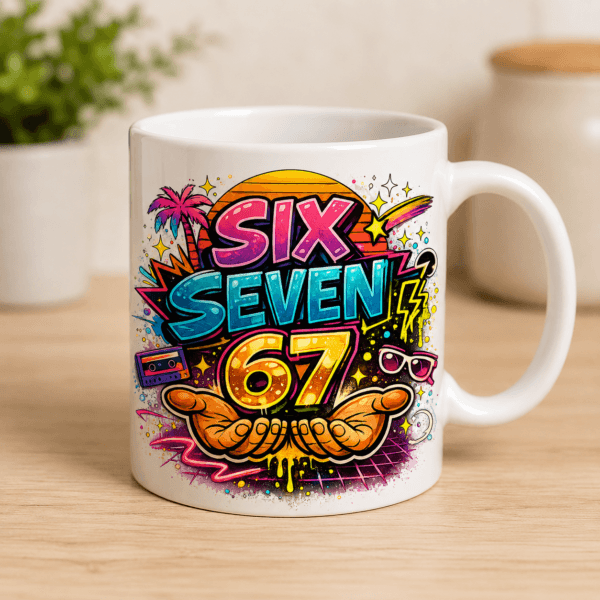 ChatGPT Image 5 sie 2026, 13_37_05 biały kubek z nadrukiem six seven neon retro