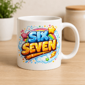 biały kubek six seven chmurki tęcza