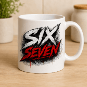 biały kubek czerwono czarny napis six seven