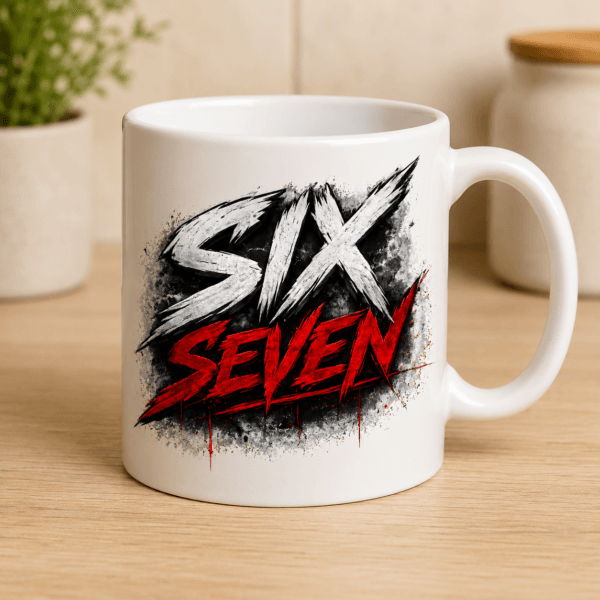 biały kubek czerwono czarny napis six seven