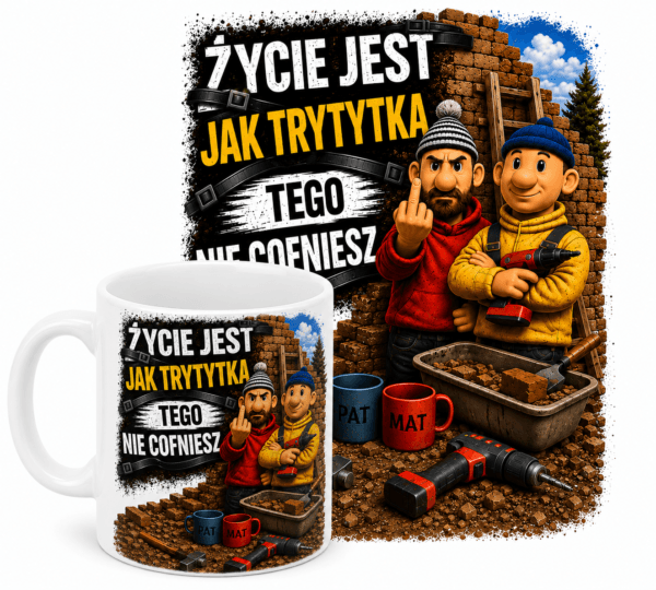 kubektrytyka biały kubek z nadrukiem Życie jest jak trytytka tego nie cofniesz