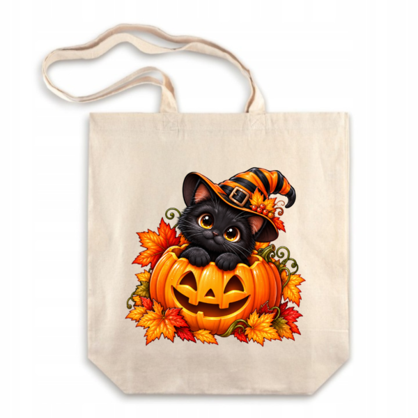 33 Torba Bawełniana na Ramię z Dnem Czarny Kot Dynia Halloween
