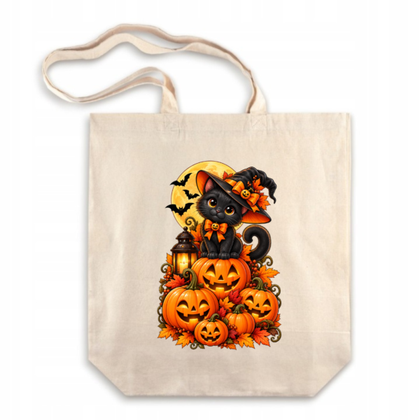 Torba Bawełniana na Ramię z Dnem Czarny Kot Dynie Halloween