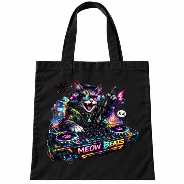 Torba Bawełniana Czarna z Nadrukiem Kot DJ Meow Beats