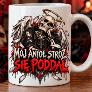 kubek z nadrukiem kościotrupa z napisem mój anioł stróż się poddał