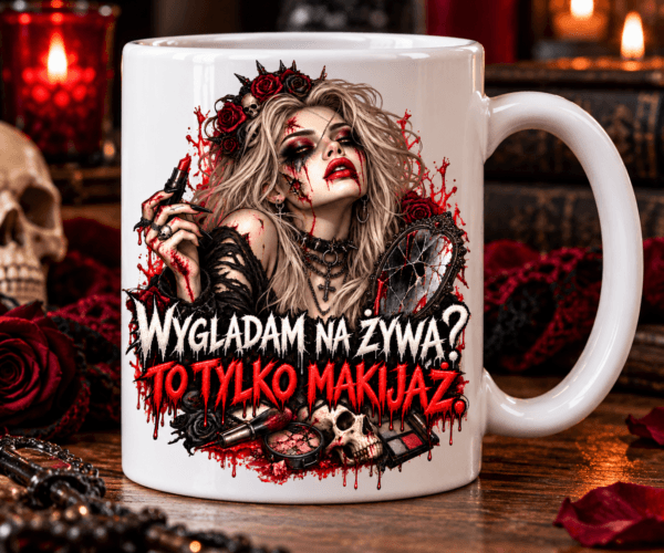 kubek z nadrukiem kobiety w makijażu gotyckim z napisem wyglądam na żywą? to tylko mkijaż