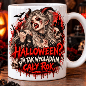 kubek z nadrukiem kobiety gotyckiej z napisem halloween? ja tak wyglądam cały rok