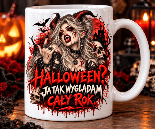 ChatGPT Image 29 wrz 2026, 13_47_13 kubek z nadrukiem kobiety gotyckiej z napisem halloween? ja tak wyglądam cały rok